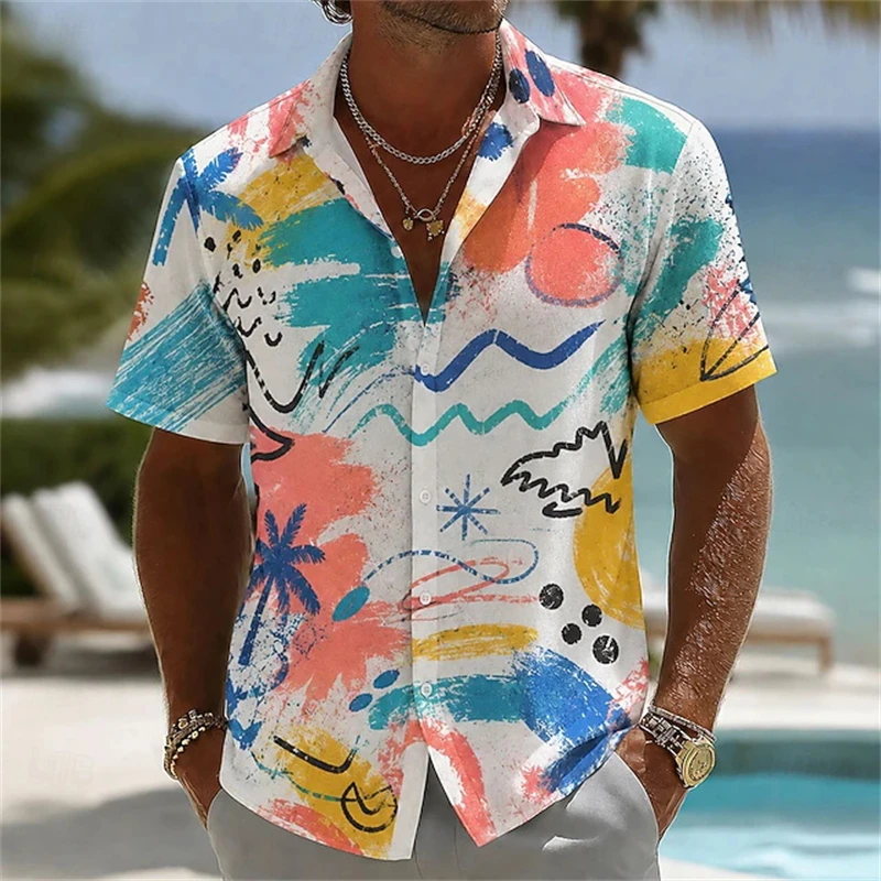 Summer Abstract Graffiti Print Men's Button Down Shirt Hawaiian Casual Beach Vacation Shirts 3D Printed Collared Blouse 2026 New