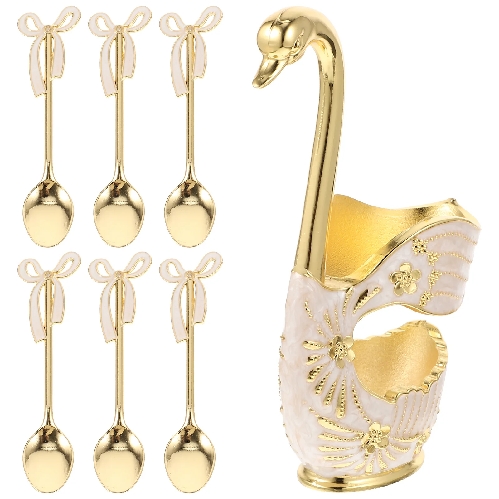 

1 Set Swan Base Spoon Metal Dessert Scoop Set Smooth Easy Clean Kitchen Coffee Stirring Tool Storage Rack For Home Gift Cake Ice