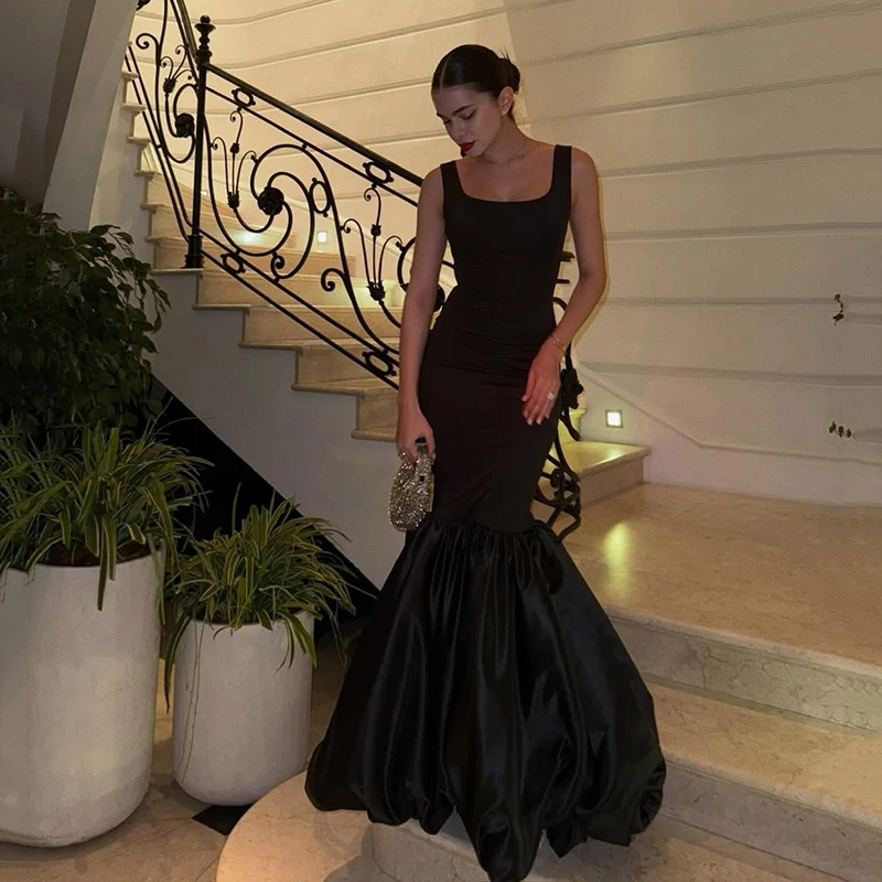 

Thinyfull Black Mermaid Prom Dresses Sqaure Collar Sleeveless Evening Dress Women Night Cocktail Party Prom Gowns Customized
