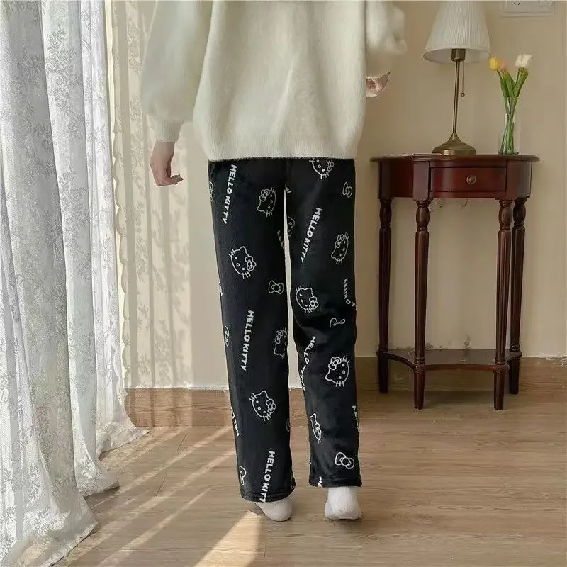 Sanrios Anime HelloKittys Y2k Sanrioed Pajamas Pants Women Pjs Halloween Household Dress Kawaii Woolen Cartoon Casual Home Pants