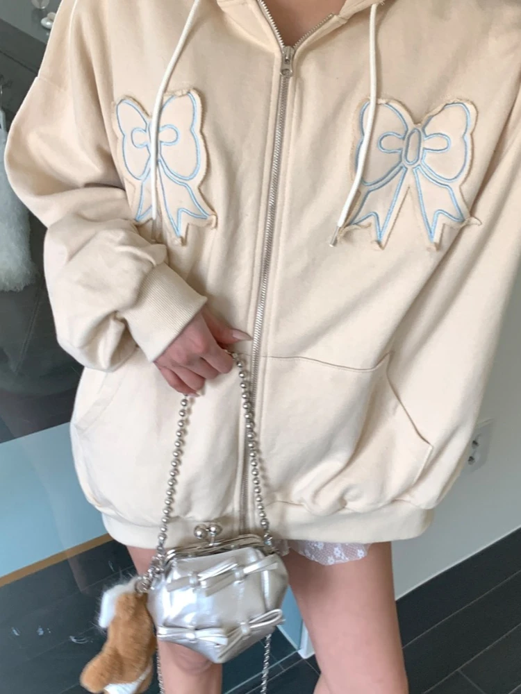 HOUZHOU Y2k Harajuku Bow Patchwork Hoodies Women Korean Style Kawaii Cuteore Streetwear Zipper Hooded Sweatshirt Soft Girl 2024