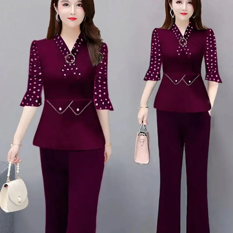 5XL Women Pants 2-Piece Set 2025 Spring Autumn Suit Middle Aged Female Shirt Tops+ Wide leg Pants Two-Piece Suit Profession Suit image 5