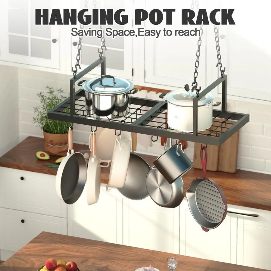 Pot Rack, 31Inch Pot Hanger for Kitchen, Ceiling Mounted Pot Rack with 12 Detachable S Hooks, Sturdy Metal Cookware Organizer fo