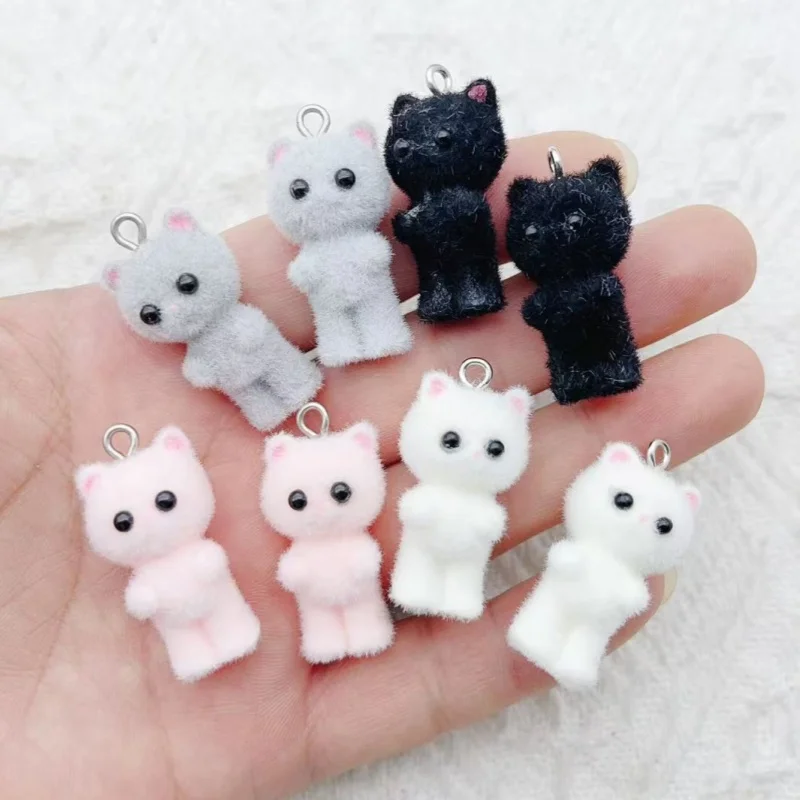 8PCS Cat Pendant Kawaii 3D Fluffy Flocking Animal Cat Charms Miniature Dolls Keychain Necklace Pendant DIY Crafts Jewelry Make