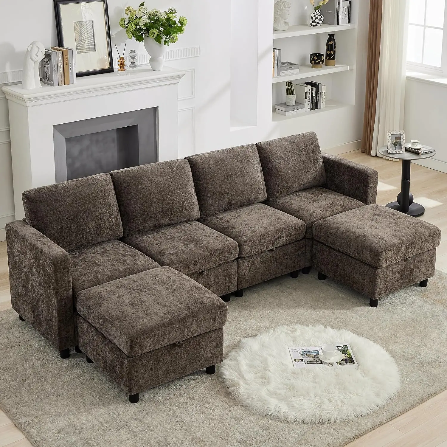 Modular Sectional Sofa U Shaped With Storage Ottoman, 6 Seater Chenille Living Room, 107