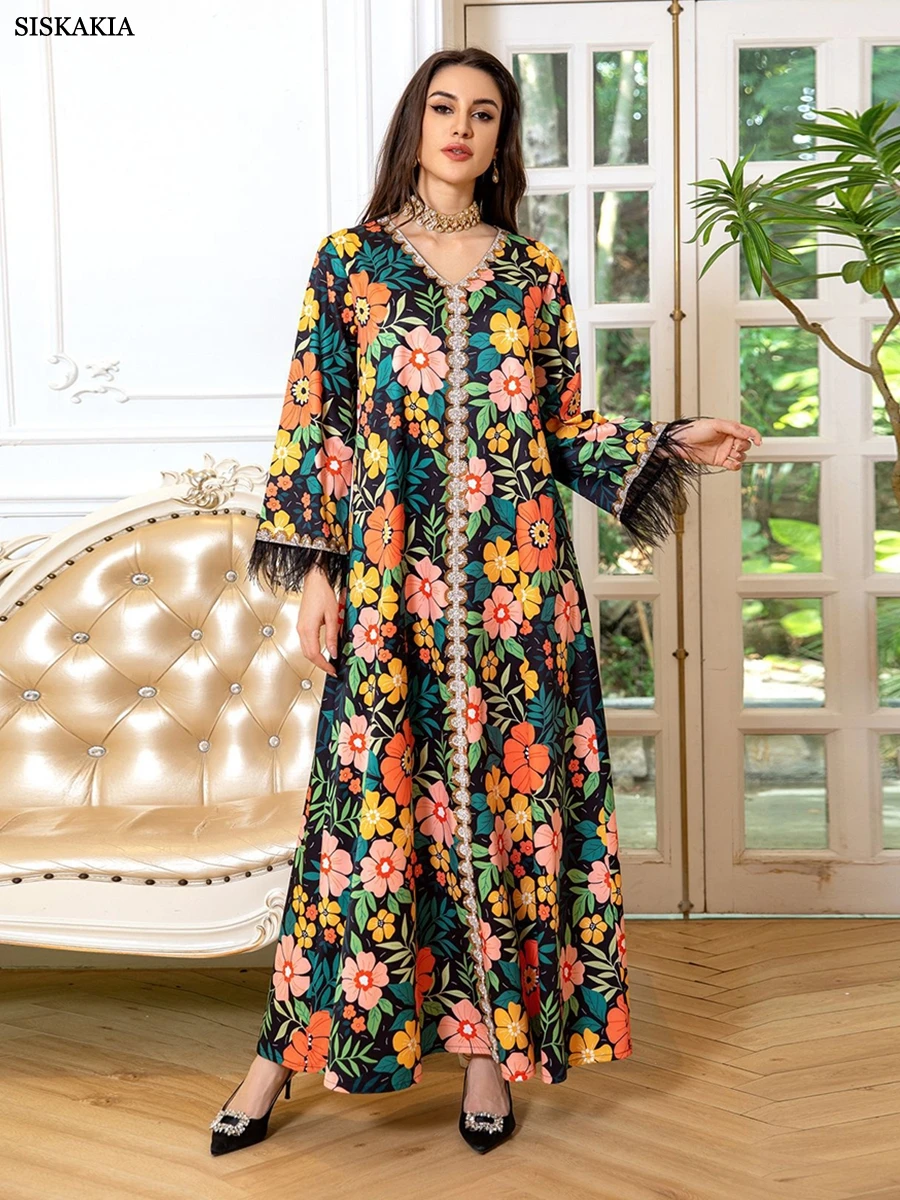 Siskakia Fashion Floral Print Diamonds Feathers Long Sleeve Abaya Dubai Turkey Muslim Islam Saudi Arabia Kebaya Robe Dress