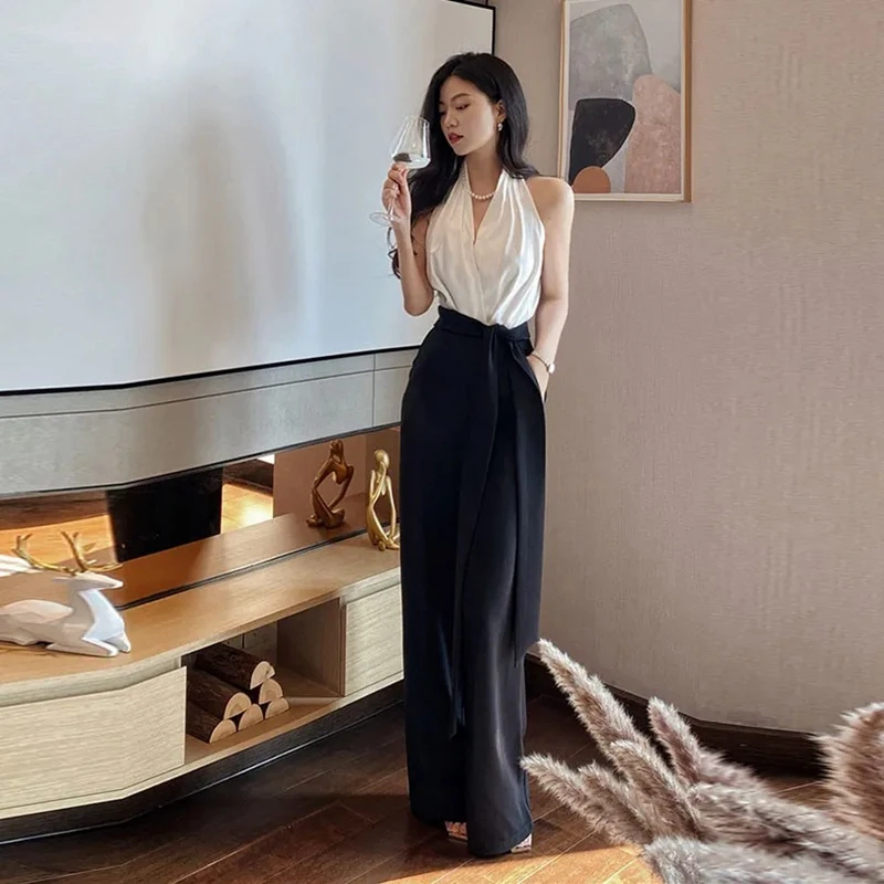 French Hepburn Halter Neck Jumpsuits Women Elegant Black And White Contrast Color Jumpsuit Party Ladies Summer Wide Leg Pants