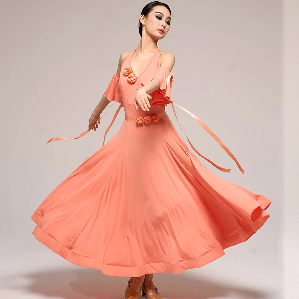 Walzerkleid, ärmellos, Party, Gesellschaftstanz, Praxis, Schwarz, Stereo, Blume, Standard-Wettbewerbskostüm, Tango, Orange