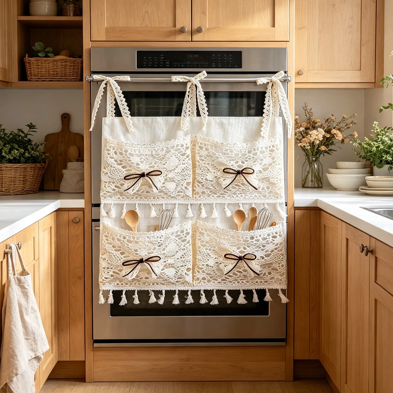 Bohemian Style Cute Bow Short Curtain For Kitchen Ovens,Bedside Organizer Bag with Dual Pockets for Small Items, Car Storage Bag