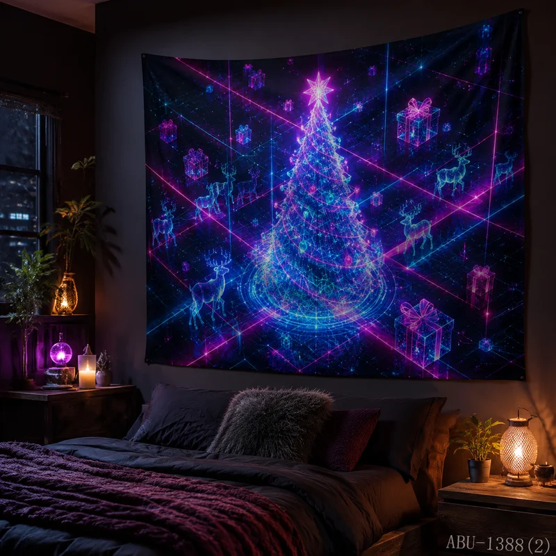 VIKAMA Neon Rainbow Tree Radiant Light Ray Gift Snowflake Starry Present Christmas Tapestry Bedroom Living Room Dorm Home Decor