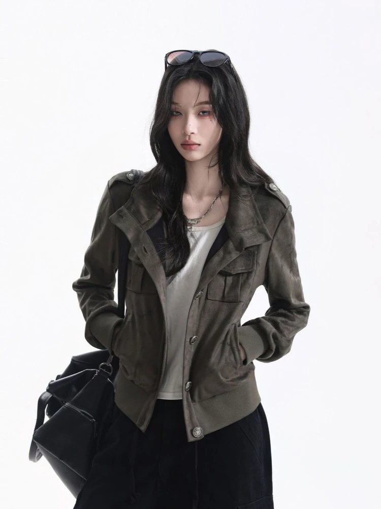 Autumn Y2K Vintage American Utility Jacket Women Stand Collar Epaulet Multi Pocket Slim Fit Cropped Casual Retro Outfit 2026