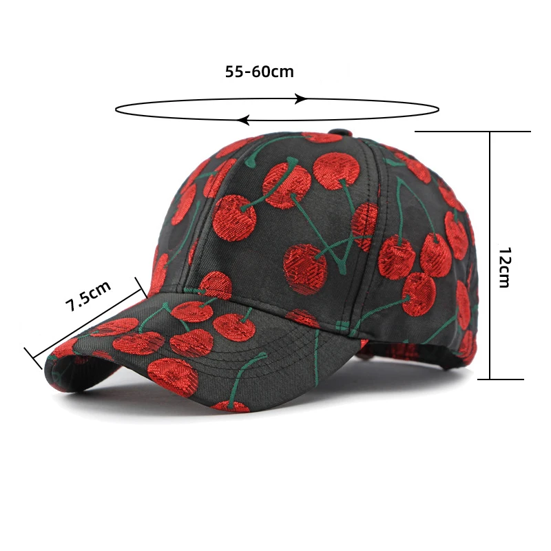 Women's Embroidered Cherry Baseball Cap Cotton Adjustable Head Circumference Fashionable Style Spring Autumn Duck Tongue Hat