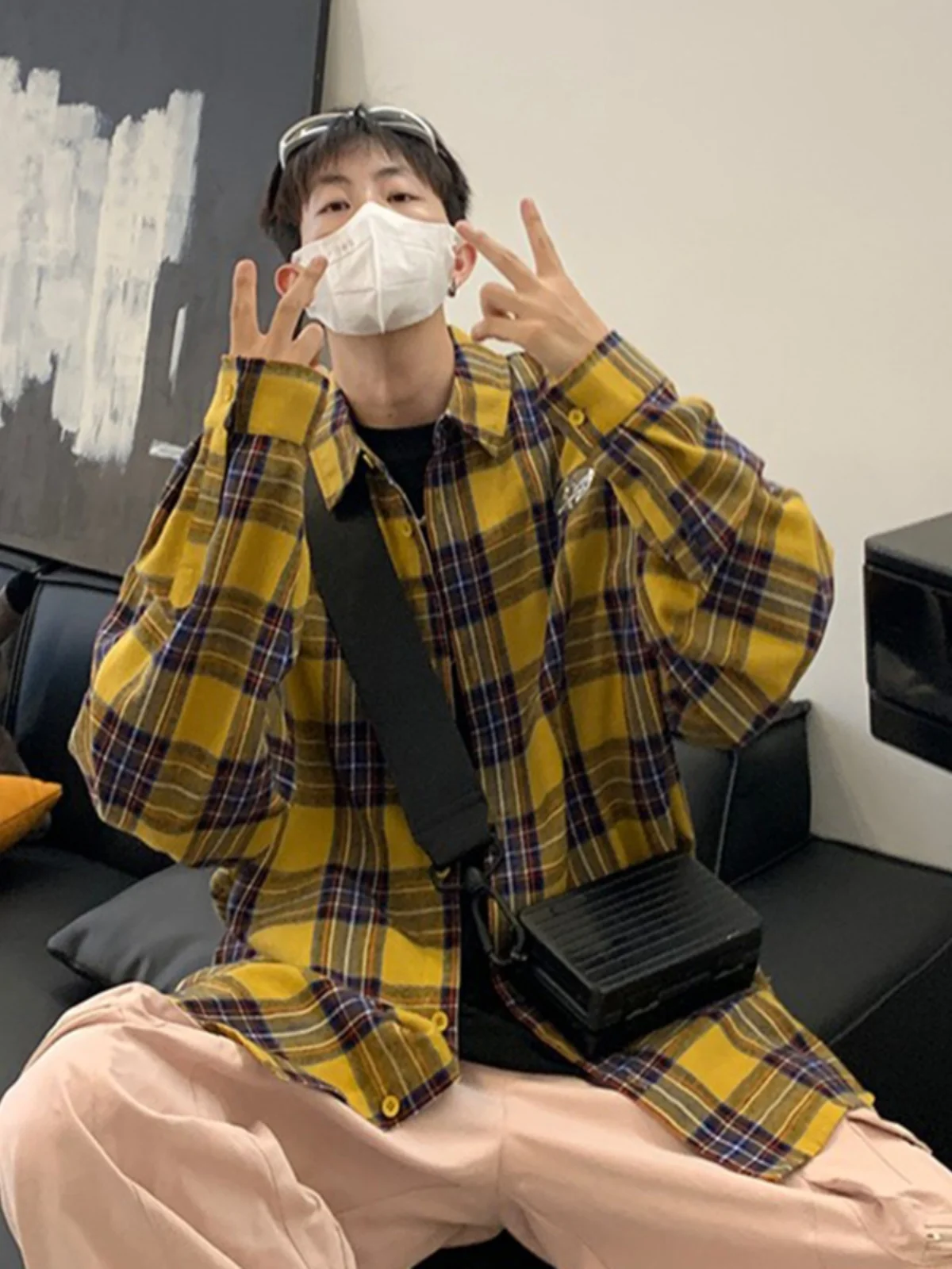 

Yellow Plaid Long Sleeve Men's Shirt Vintage Japanese Style Base Layer High End Vintage 2024 New Arrival Loose Fit Polyester