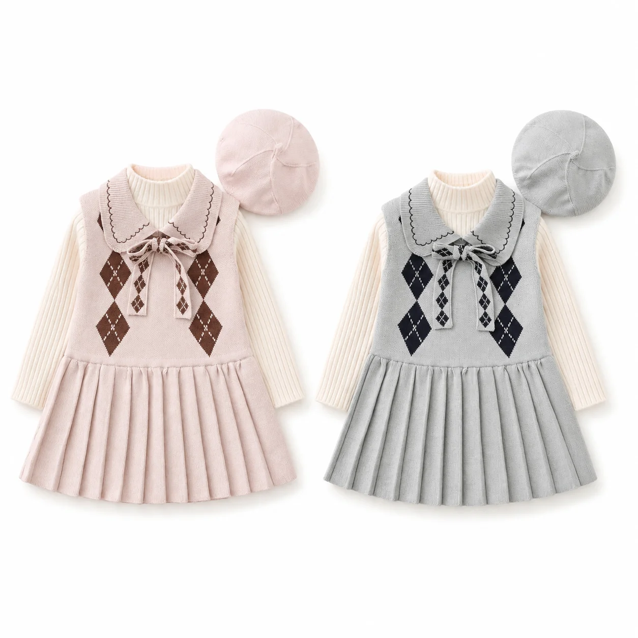 ガールズ アーガイル ニット ジャンパー ドレス 3点セット ガールズ服セット ベレー帽 プリーツドレス プレッピースクール衣装 長袖セーター キッズスーツ 1