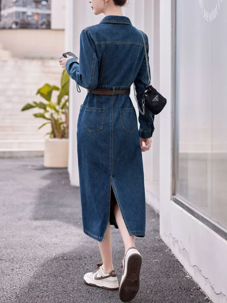 2024 Autumn Winter Casual Women Lapel Single Breasted Denim Dress Vintage Lady Empire Slim A-line Midi Dress with Belt