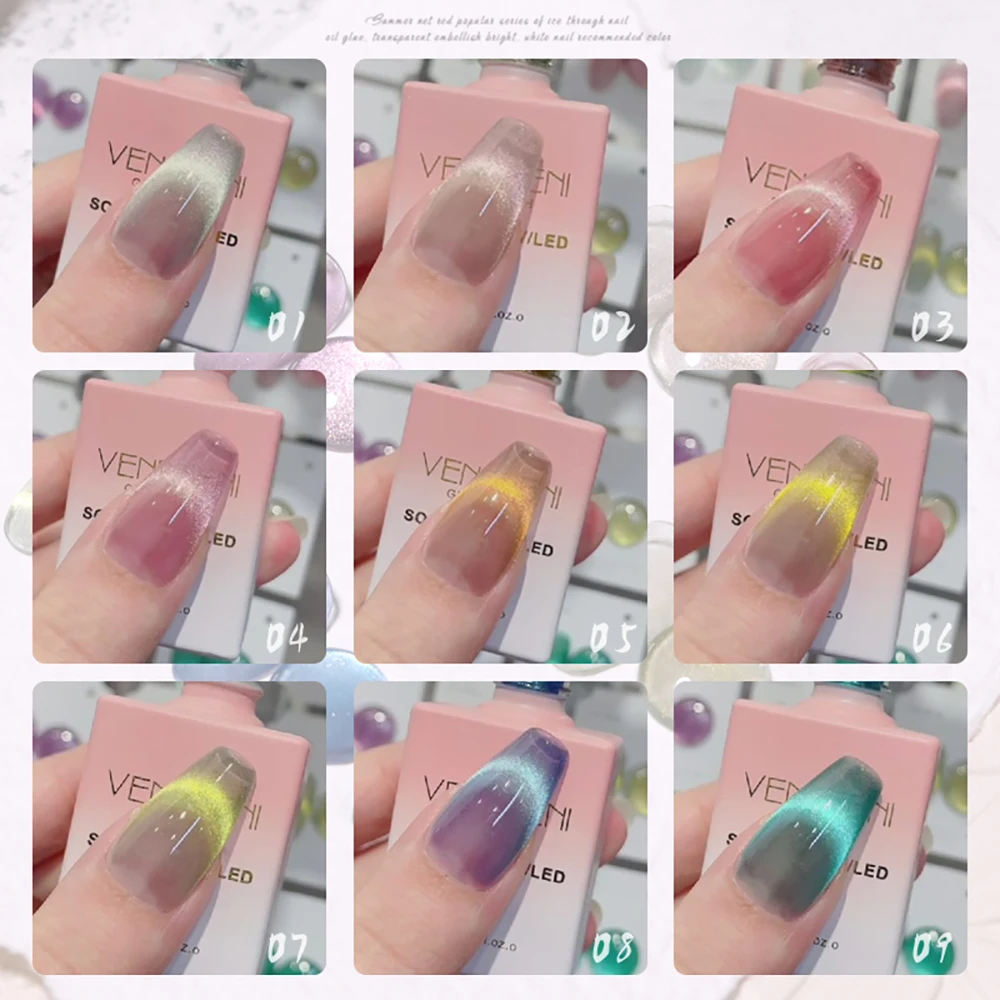 Vendeeni, 9 colores/juego, nubes rosadas, cristal claro, ojo de gato, esmalte de uñas en Gel, brillo LED UV, barniz magnético para decoración de uñas con tarjeta de Color