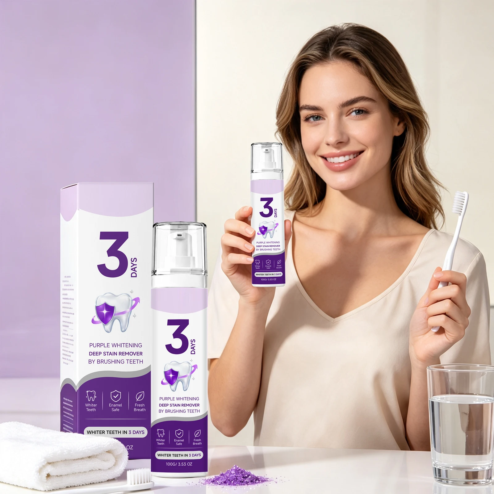 Teeth Whitening Naturally - ยาสีฟันออรัลโฮ สีม่วง ทำความสะอาดคราบเหลืองอย่างล้ำลึก ขจัดคราบพลัคในช่องปาก ลมหายใจสดชื่นยาวนาน ฟันขาวสะอาด