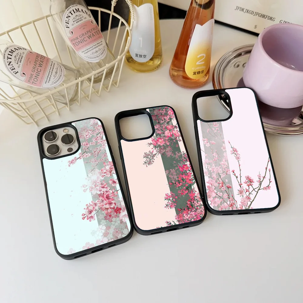 Art Flower Sakura Plum Rose Peony Phone Case For IPhone 11 12 13 14 15 16 Plus Pro Max Mirror Acrylic PC TPU Cover