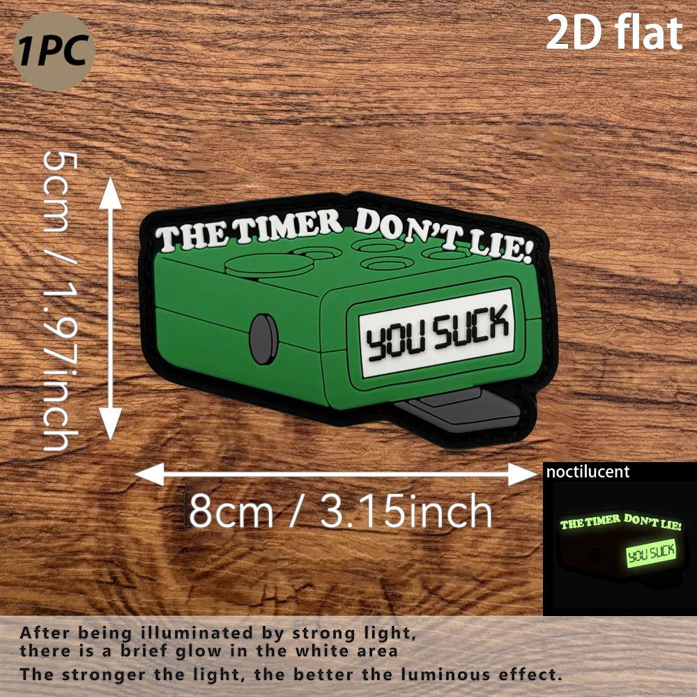 Cartoon Timer-Shaped 2D Flat Pvc Material with Built-In Glow-In-The-Dark Effect, Velcro Logo with Free Backing Material, Specifications: 1 Piece, Four Different Color Combinations Available, Cartoon Timer Design with Fun English Phrases, Layered Details, Irregular Outer Frame, Waterproof and Wear-Resistant, Suitable for Tactical Badge Enthusiasts, Collection Display, Desktop Decoration