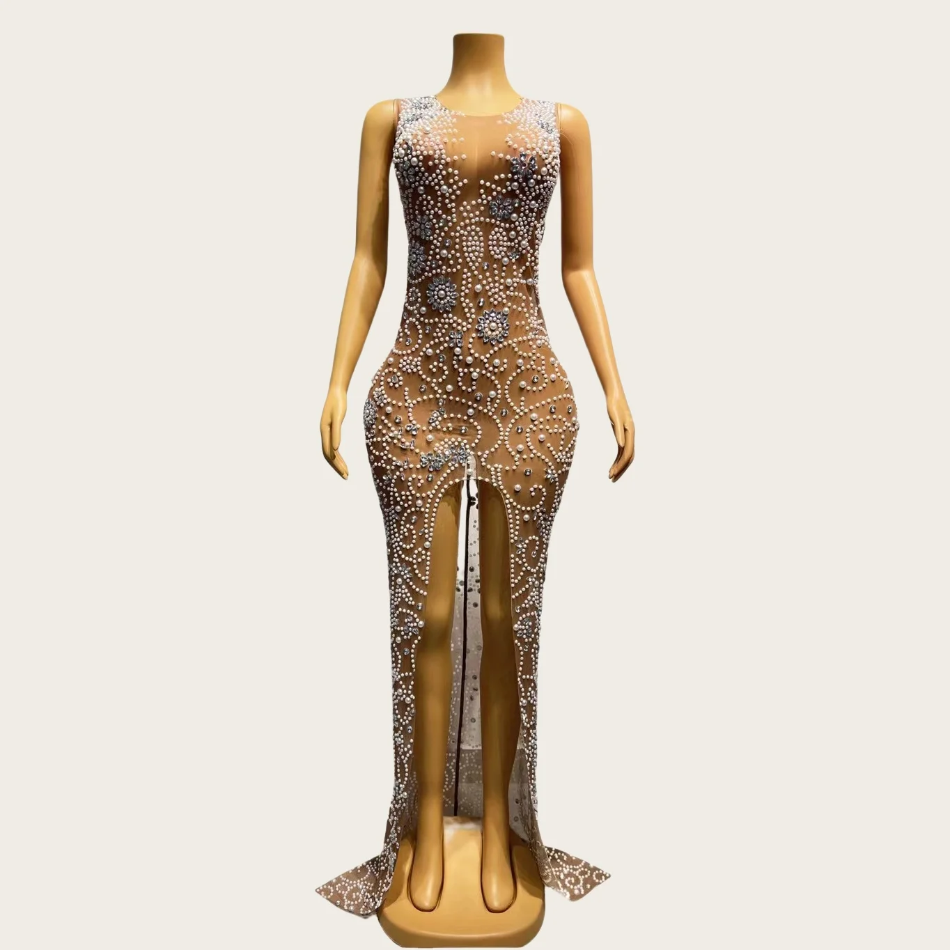 

Sexy Women Couture Sparkly Crystals Pearls Luxury High Slits Evening Gown Celebrate Party High-end Prom Evening Dress Tanhua