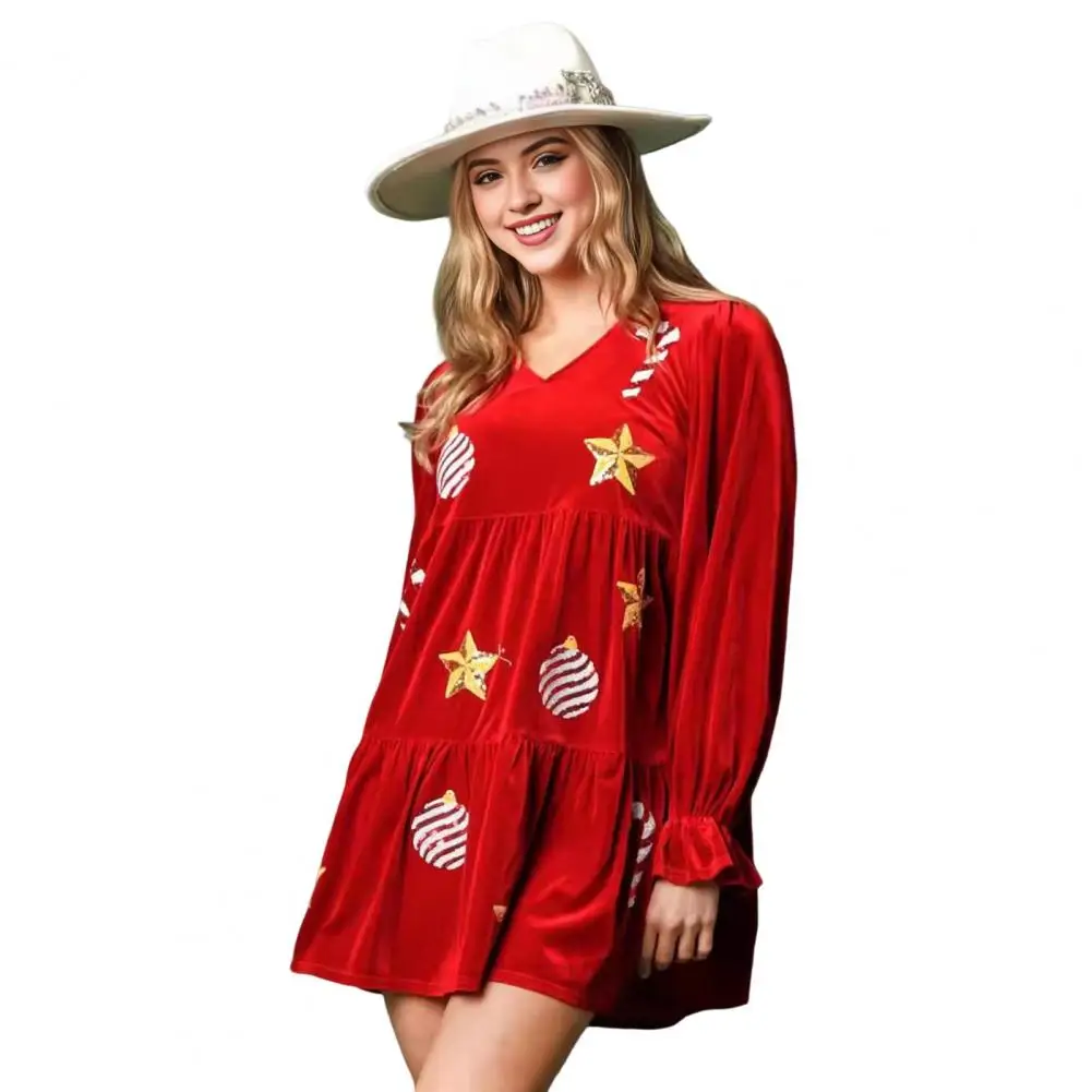 Mini vestido plissado linha A feminino, estampa festiva de estrelas, vestido de Natal veludo, decote V, babados, festa de ano novo