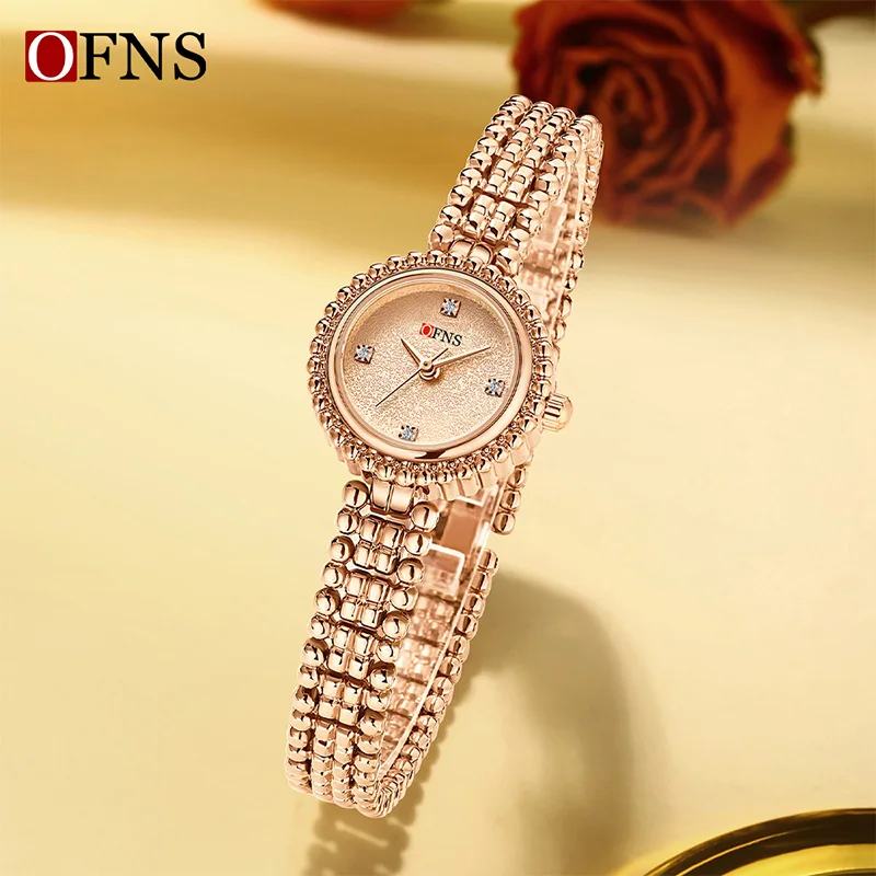 OFNS 1619 ساعة كوارتز نسائية فاخرة جديدة مع حزام فولاذي وسماء مرصعة بالنجوم ساعة مستديرة صغيرة ساعة عمل أنيقة reloj mujer
