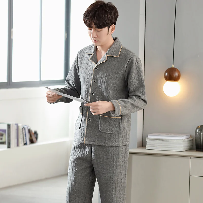 Laminated air cotton pajamas men autumn and winter thick long-sleeved home service male warm big yards 3XL thin quilted suit