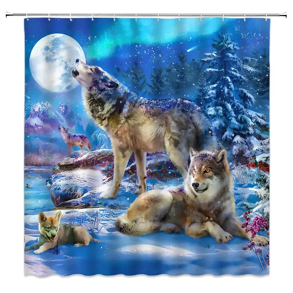 Wolf Silhouette Shower Curtain Black White Howling Thunderstorm Animal Moon Light Mystic Decor Bathroom Set Waterproof with Hook