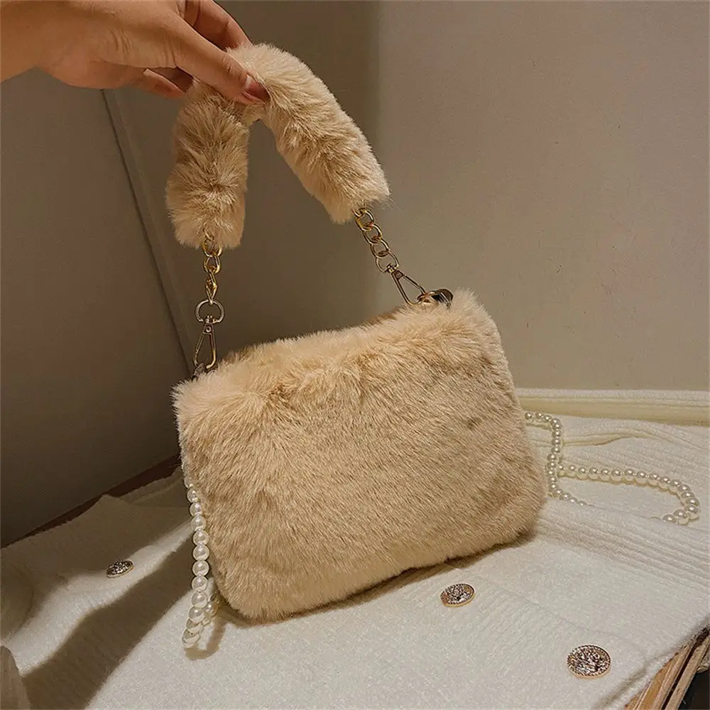 

Furry Luxury Soft Fluffy Faux Fur Coin Purse Plush Tote Bags Phone Bag Pearl Chain Bag Plush Shoulders Bags