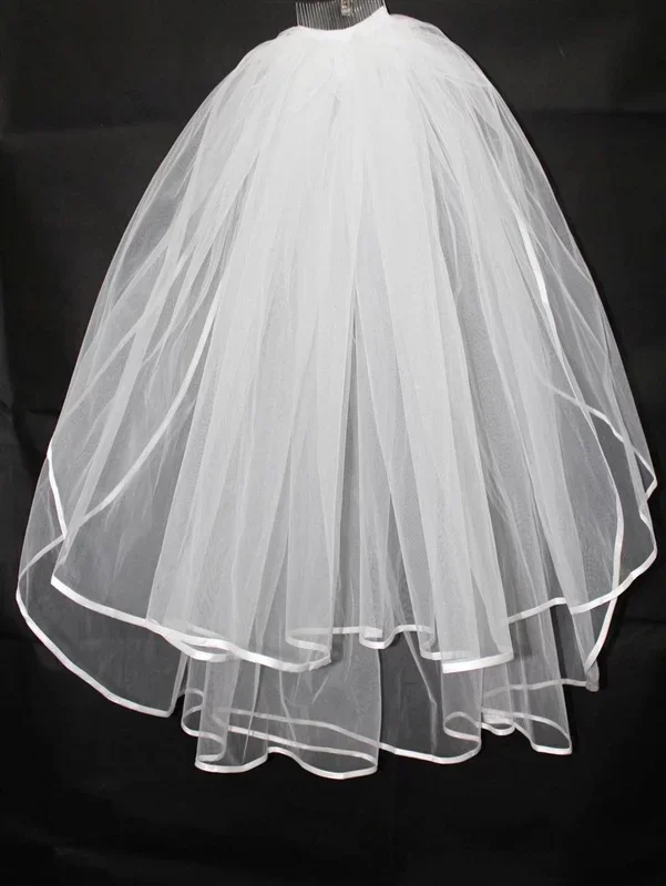 Moda simples barato véu de casamento branco borda de cetim uma camada acessório de casamento nupcial