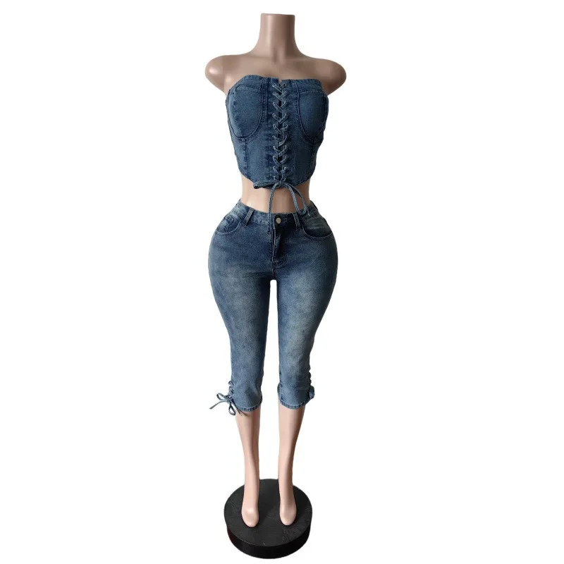 

Women Set Summer Sexy Sleeveless Bandage Elastic Denim Crop Tube Tops And Jeans Pants Casual 2 Piece Set Women Denim Shorts Suit