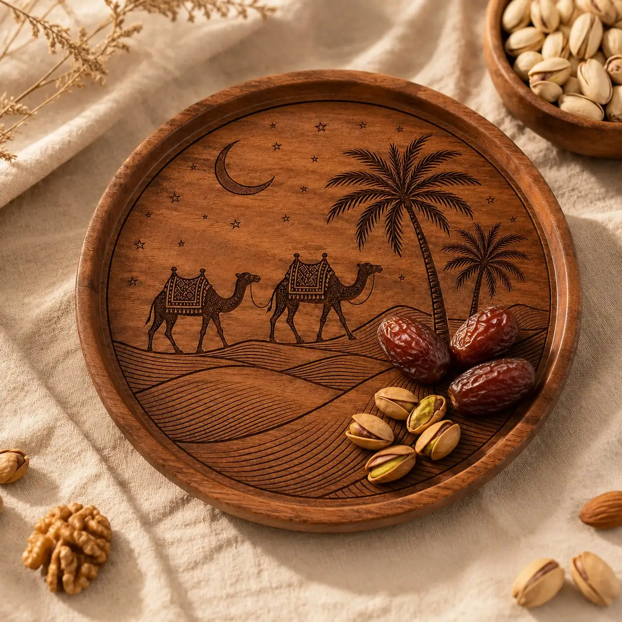 1Pc Creative Walnut Wood Dinner Plate, Desert Camel, Star and Moon, Date Palm Tree Carved Round Wooden Plate, Western-Style Dinner Plate, Steak Plate, Candy Plate, Fruit Plate, Solid Wood Pizza Board Tray