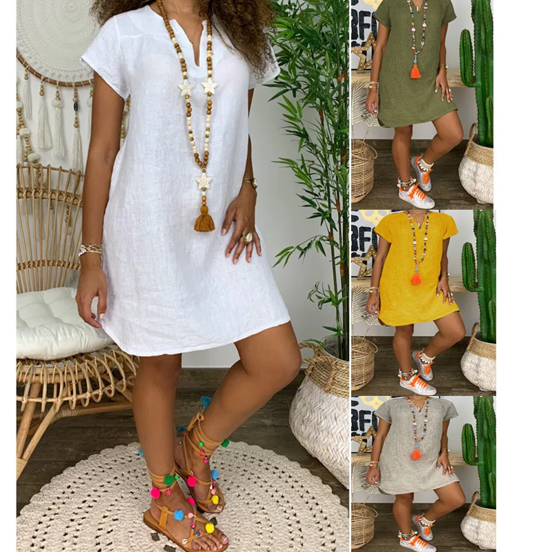 

2025 New Spring and Summer Loose Skirt Short-sleeved V-neck Solid Color Woven Dress