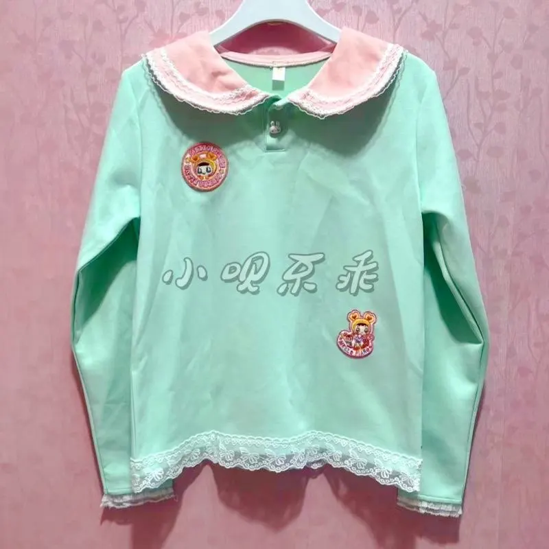 

Japanese Kawaii Clothes Cartoon Embroidery Sweatshirt Cute Dopamine Daughter Clothing Student Long Sleeved Peter Pan Collar Tops
