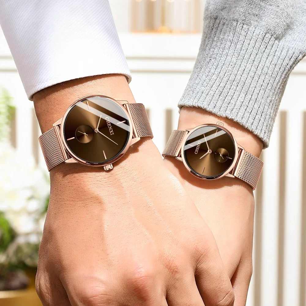 CHENXI الفاخرة للماء الرجال النساء كوارتز ساعة موضة عادية شبكة من الاستانلس استيل حزام زوجين قسط ساعة اليد للهدايا
