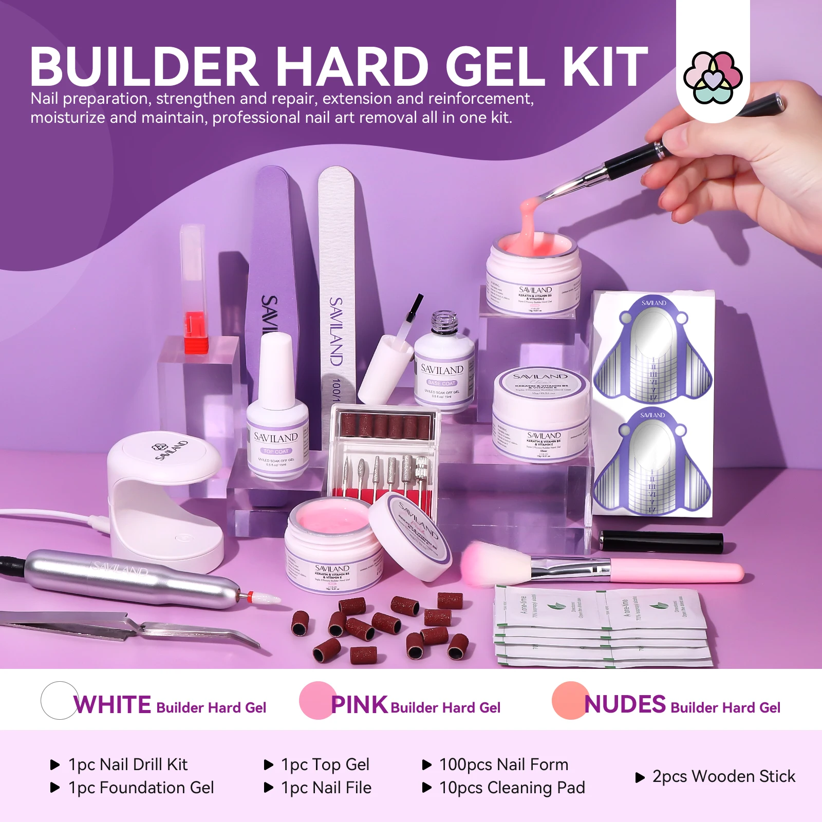 SAVILAND Gel Nail Polish Kit 3pcs Builder Nail Gel with UV Nail Lamp Electric Nail Drill Machine Base&Top Coat Gel Polish Set