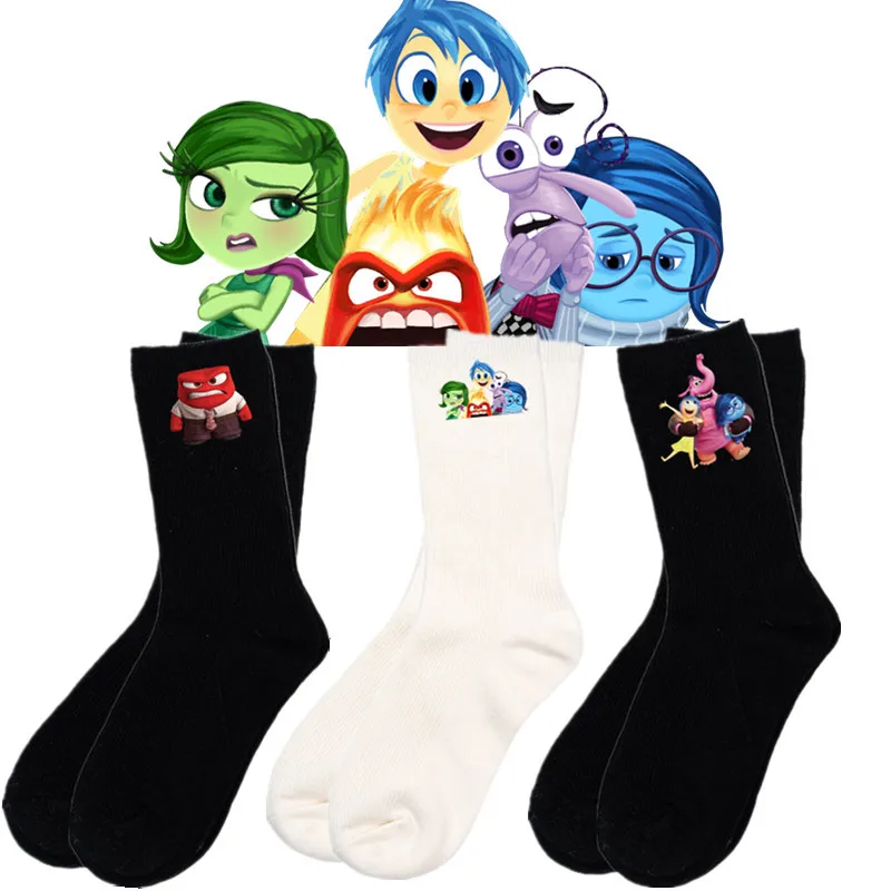 Disney Inside Out 2 Black White Socks Cartoon Character Print Cotton Socks Boys Girls Breathable and Sweat-absorbing Long Socks