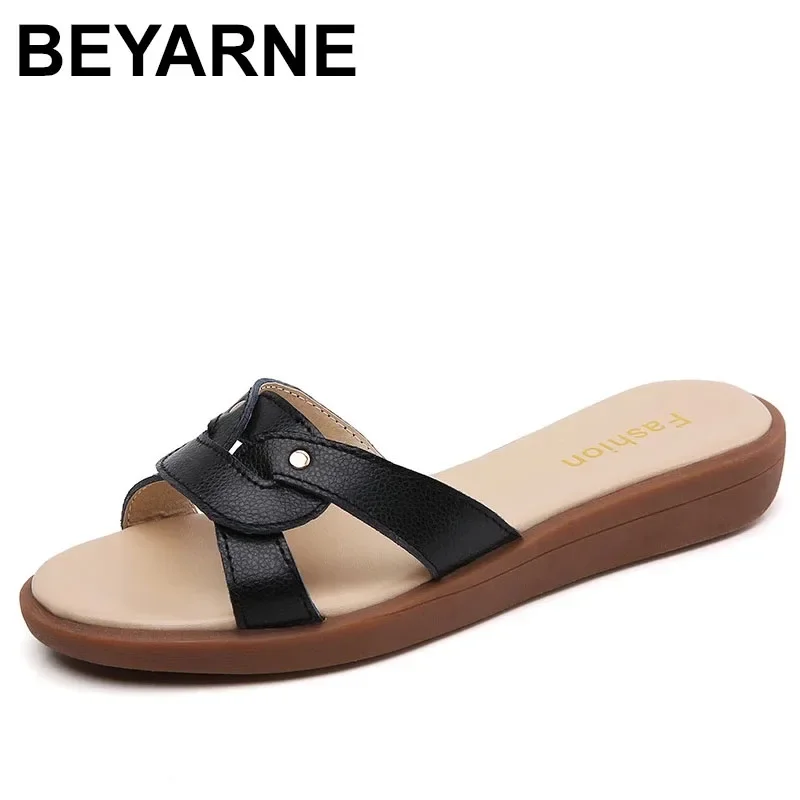 BEYARNE Summer Sandals Women Slippers Slip On Flat Slides Sandals Women Leather Slides Ladies Slippers Flip Flops Large Size