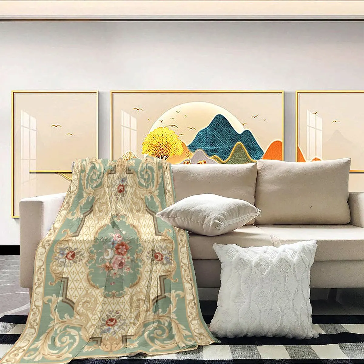 Ornate Baroque Floral Damask Throw Blanket Large Sofa Bedding Decor Elegant Cottage Style 150x200cm