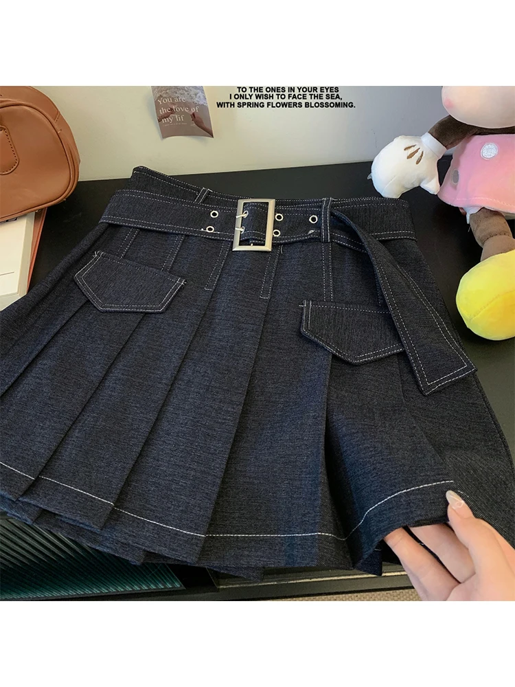 Women Grunge Shoujo 2000s Aesthetic Mini Pleated Denim Skirt Gyaru Coquette Y2k Korean Kpop E-girl Preppy Harajuku Fashion Tide