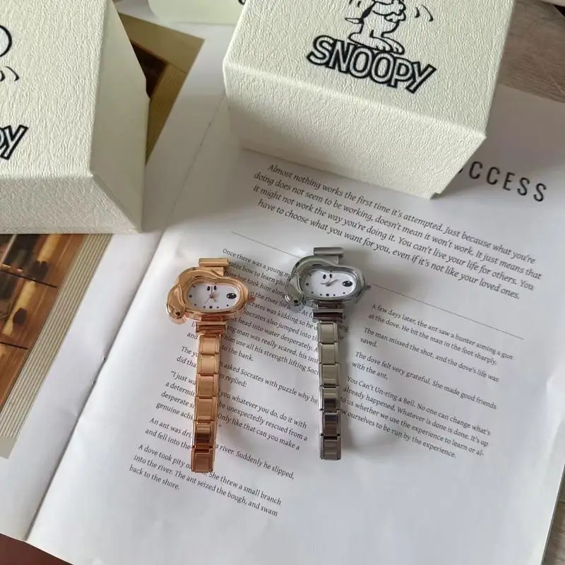 Snoopy Shaped Analog Wrist Watch Stainless Steel Metal Band Quartz Wristwatch Elegant Fashion Accessory with Gift Box