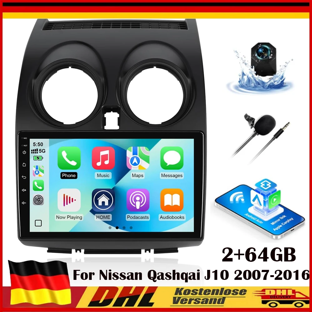 Neues 9"-Doppel-DIN-Autoradio für Nissan Qashqai J10 2007-2016, Android 13 Touchscreen-Autoradio, 2+64G, GPS-Navigation, Bluetooth, WiFi, RDS, FM, SWC, Mirror Link, Rückfahrkamera