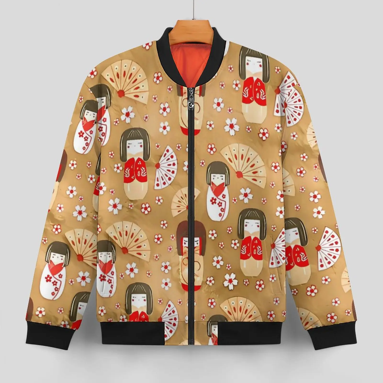 Kawaii Japanese Dolls Jackets Winter Kokeshi Pattern Kawaii Casual Coats Male Zip Up Outerwear Windbreak Design Oversize Jacket