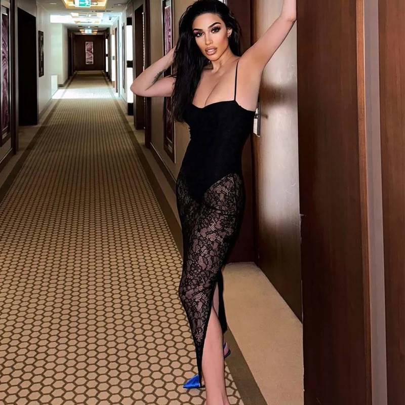 HXAO Abito da donna in pizzo Slip Abiti da festa lunghi Senza maniche Corsetto in tulle Abito nero Abiti eleganti sexy semi trasparenti senza schienale