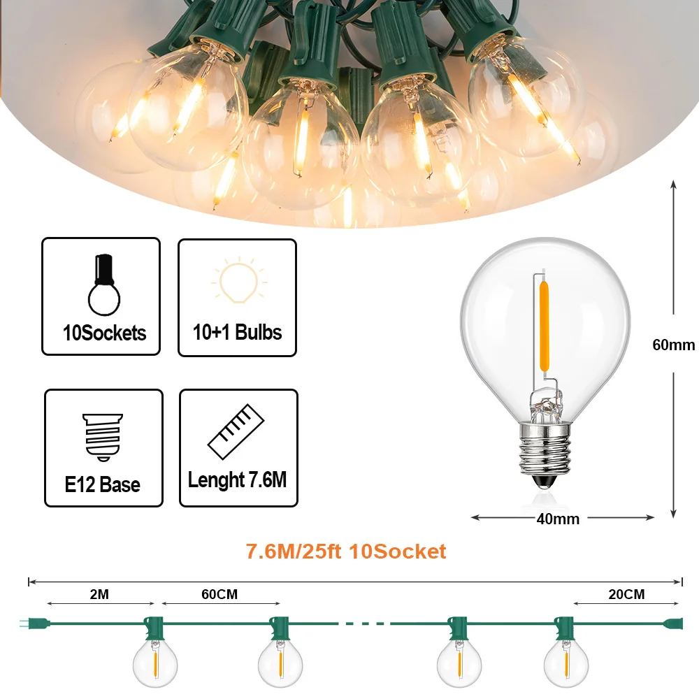 Imagem -02 - Impermeável ao ar Livre String Light Jardim Garland String Lights Fada Conectável Led Chain Lighting Decoração de Natal Lâmpada de Vidro G40