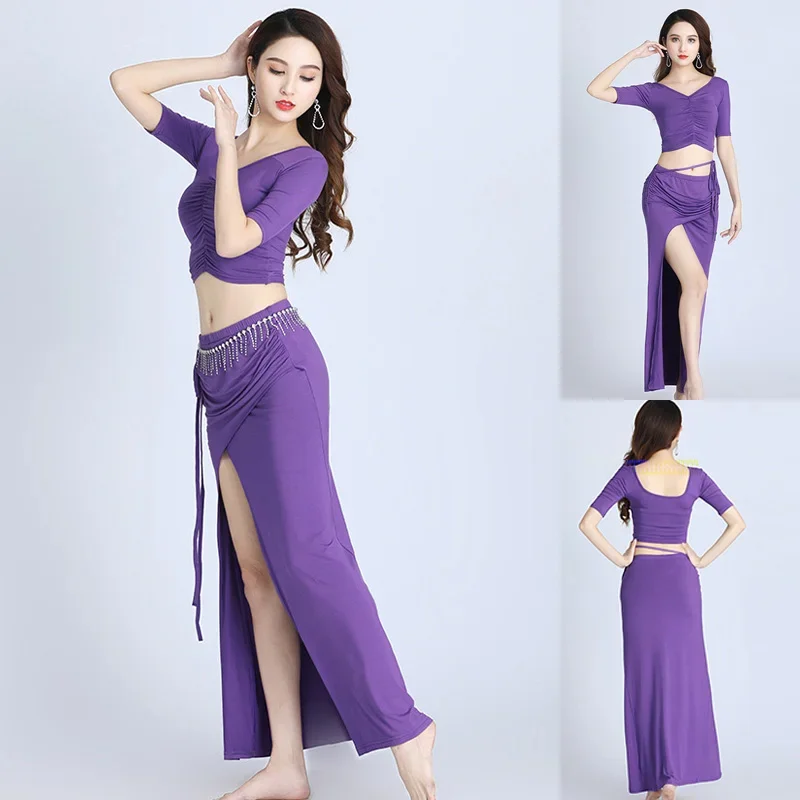 우아한 섹시 밸리 댄스 의상 여성 전문 성능 연습 양복 v 넥 탄성 맞는 탑 + 스커트 댄스 의류