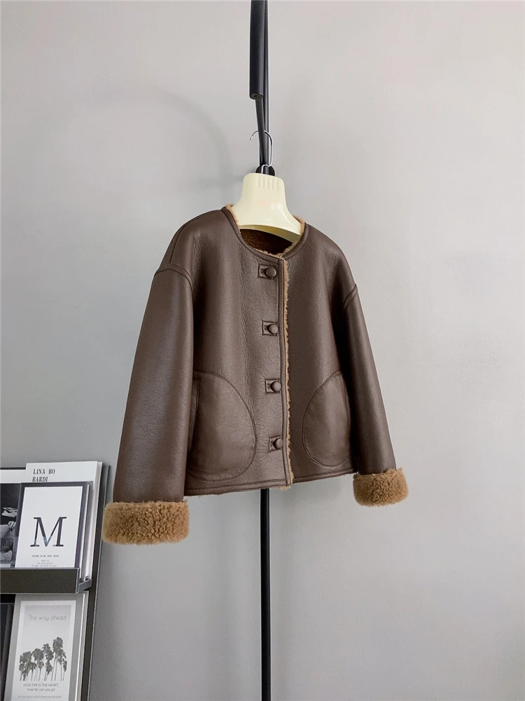 Sheep shearing flannel double-sided wearing large grain wool short style antique coat lamb wool coat small temperament Haining