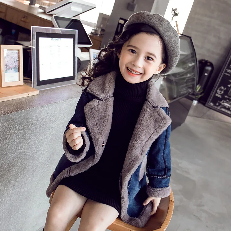 

Girls Kids Coat Jacket Overcoat 2022 Blue Jean Warm Thicken Plus Velvet Winter Teenager School High Quality Children's Clothing