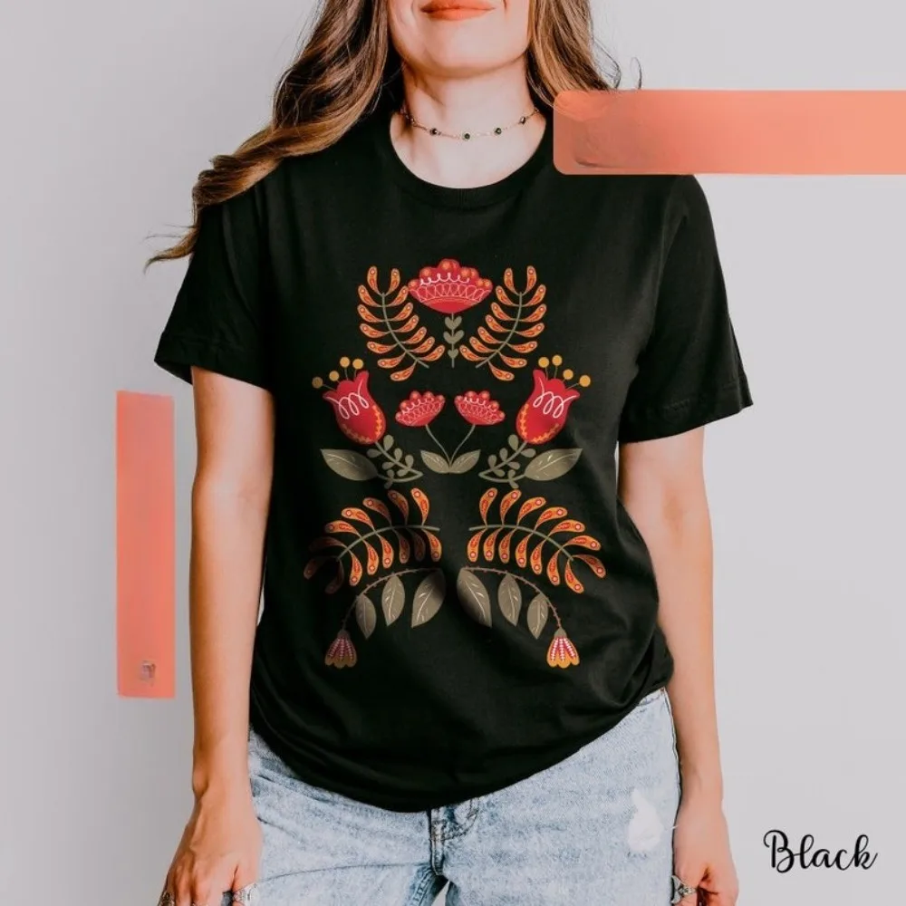 Scandinavian Folk Art Womens Tshirt Vintage Botanical Cotton Tee Short Sleeve Summer Casual Tops Gift for Lady Women Clothing