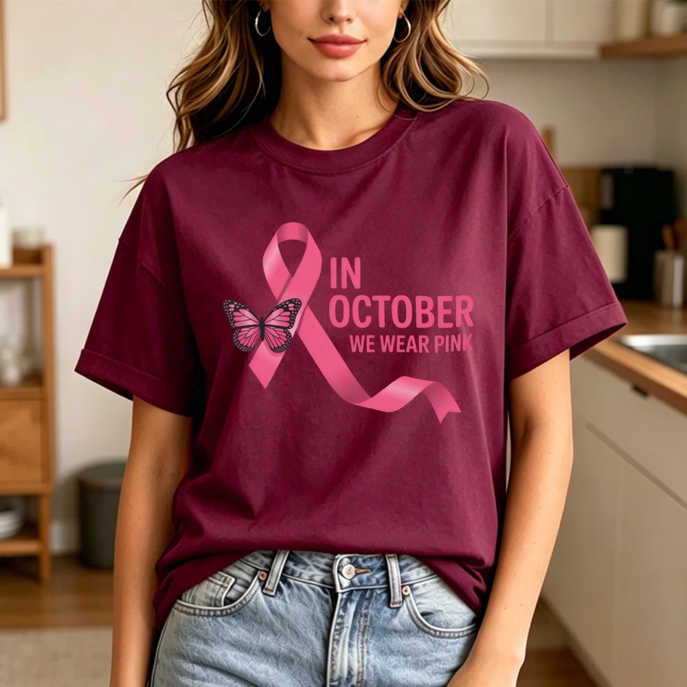 Pink Butterfly Ribbon In October We Wear Pink Graphic Women Summer Cotton T Shirt Breast Cancer Campaign Chic Short Sleeve